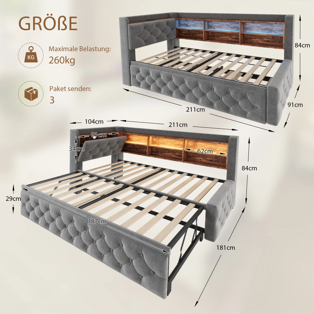 Divano letto estraibile 90x190 cm in velluto grigio scuro con LED e USB