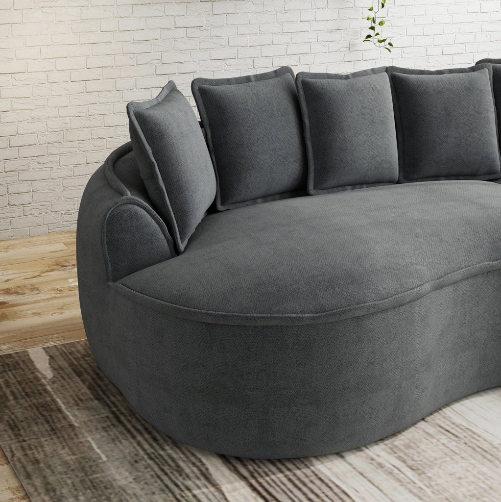Divano modulare quattro posti in tessuto chenille grigio, senza struttura, dimensioni extra large con chaiselongue profonda e cuscini inclusi