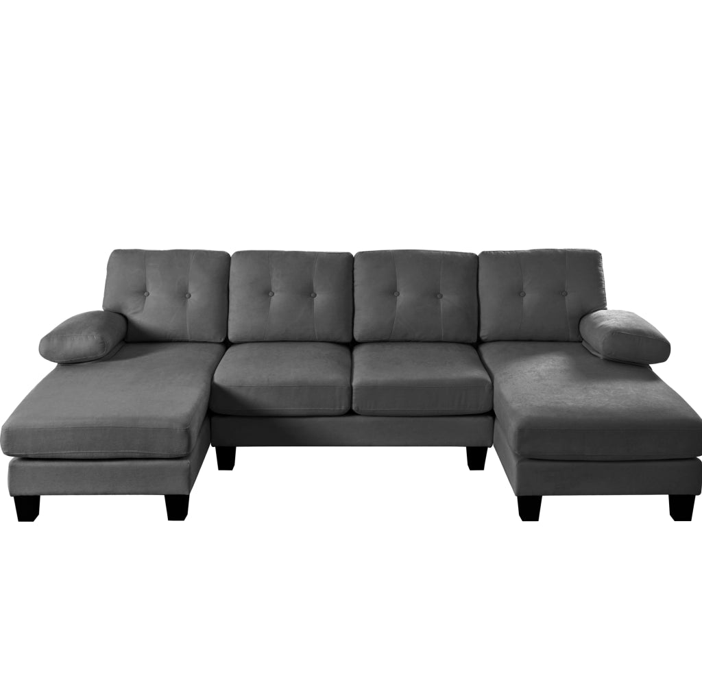Divano ad angolo a U per 4 persone in Chenille grigio con doppia chaise longue e schienale tufted