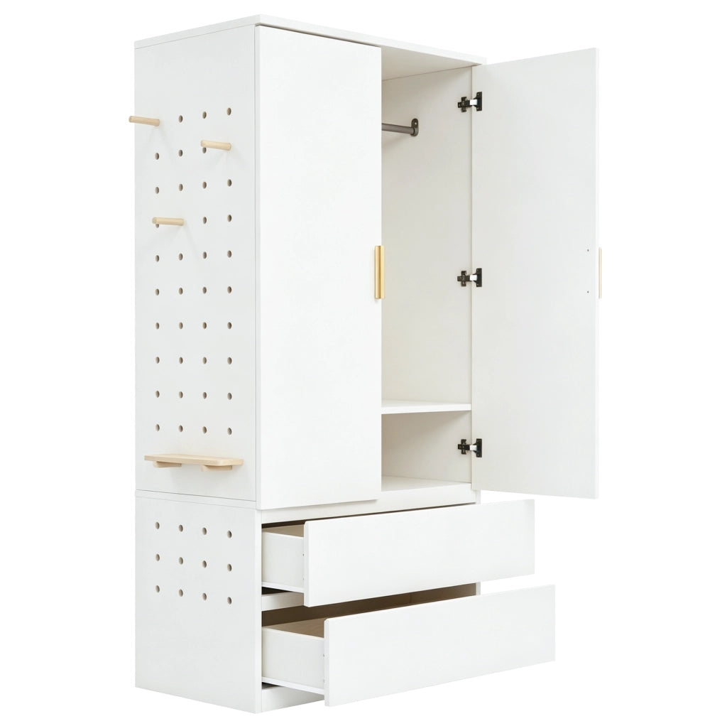 Armadio multifunzione 70x50x170 cm con 2 cassetti; vani nascosti e pannello forato bianco