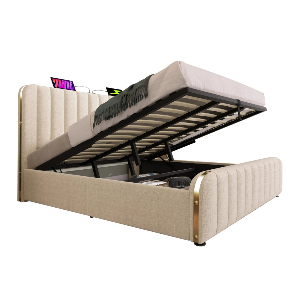 Letto matrimoniale imbottito con contenitore; USB Type-C; 180x200 cm; beige in lino; con materasso