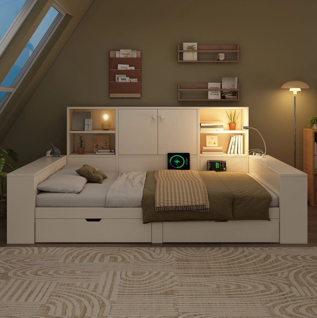 Letto matrimoniale 140x200 cm con cassetti; vano contenitore e prese USB/USB-C bianco HOMVRA