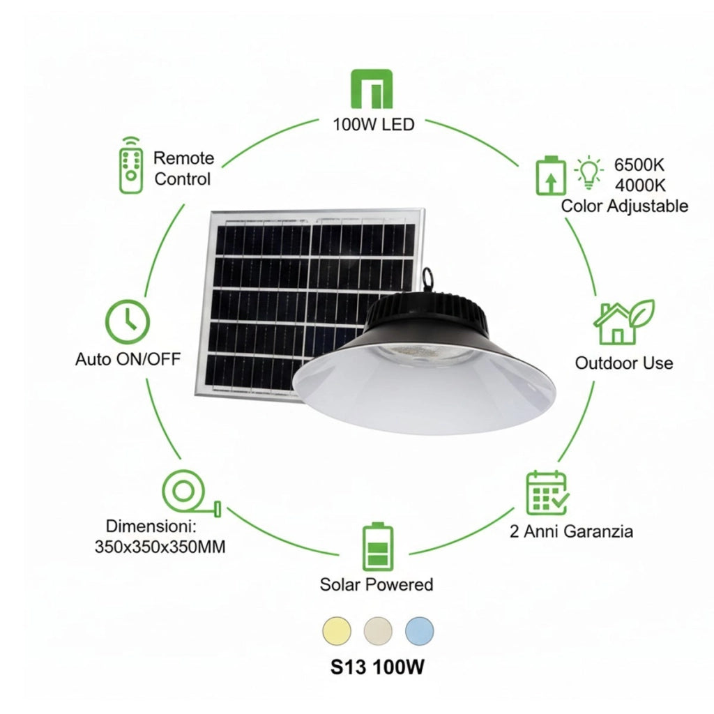 LAMPADA LED SOLARE 100W PANNELLO FOTOVOLTAICO E TELECOMANDO 3CCT IP65 ET-31372