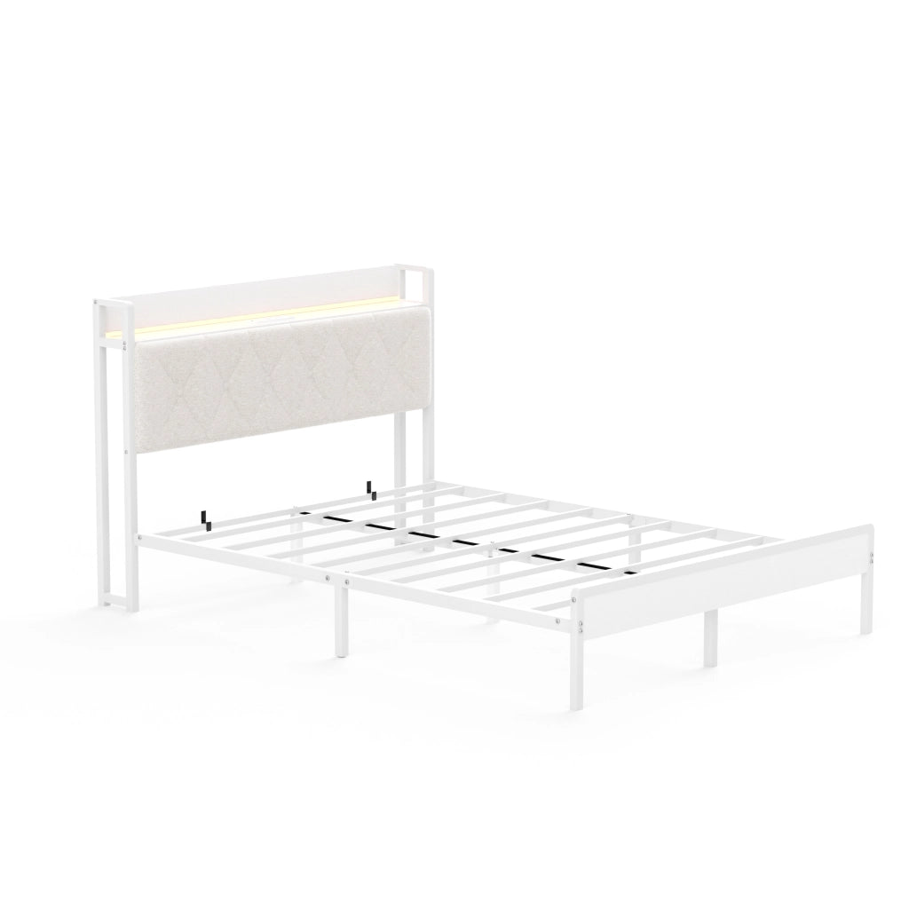 Letto Matrimoniale 140x190 cm con LED e USB; in Lino e Acciaio; Bianco