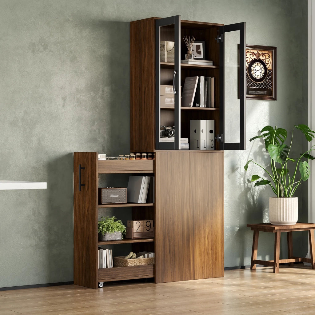 Armadio a nicchia cucina 60x30x180 cm, colonna stretta con ante in vetro e carrello dispensa estraibile su ruote, 4 ripiani
