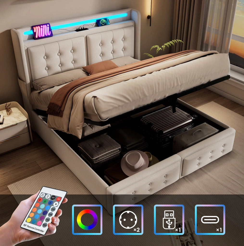 Letto matrimoniale 180x200 cm con contenitore; LED e ricarica USB/Type-C beige HOMVRA