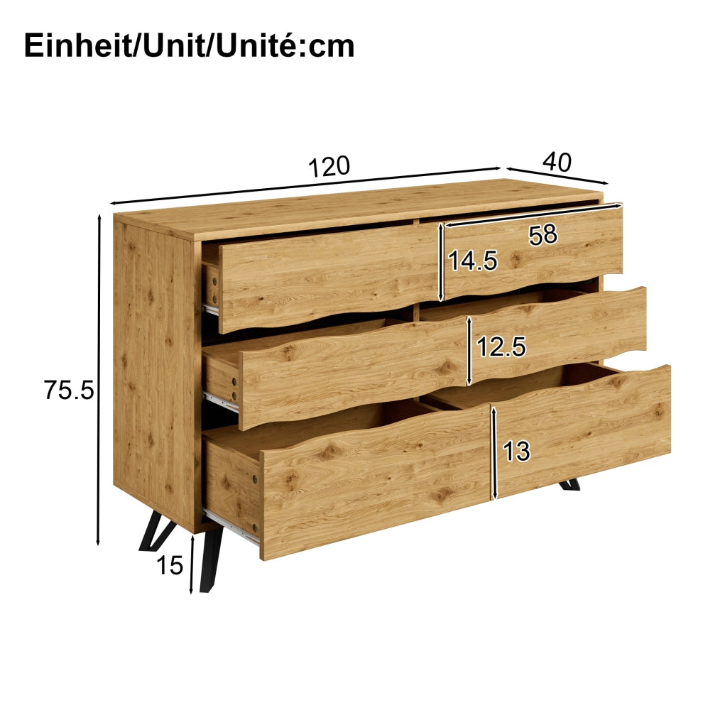 Credenza sideboard con 6 cassetti 120x40x75;5 cm; effetto legno; pannello truciolare