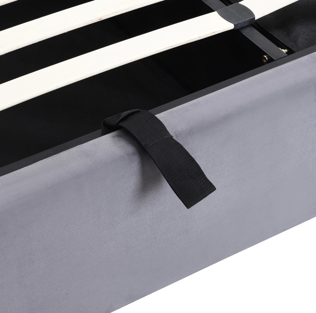 Letto contenitore imbottito 160x200 cm in velluto grigio con 3 cassetti e testiera regolabile