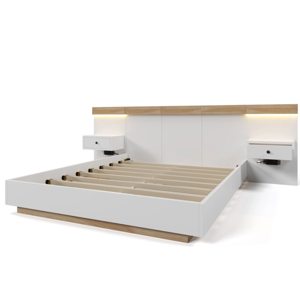 Set letto completo; 180x200cm; con 2 comodini LED e USB C; bianco quercia
