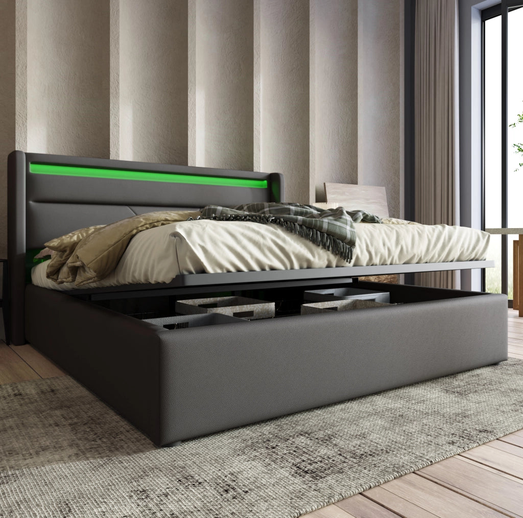 Letto contenitore matrimoniale 160x200 cm in PU con LED e telecomando; grigio