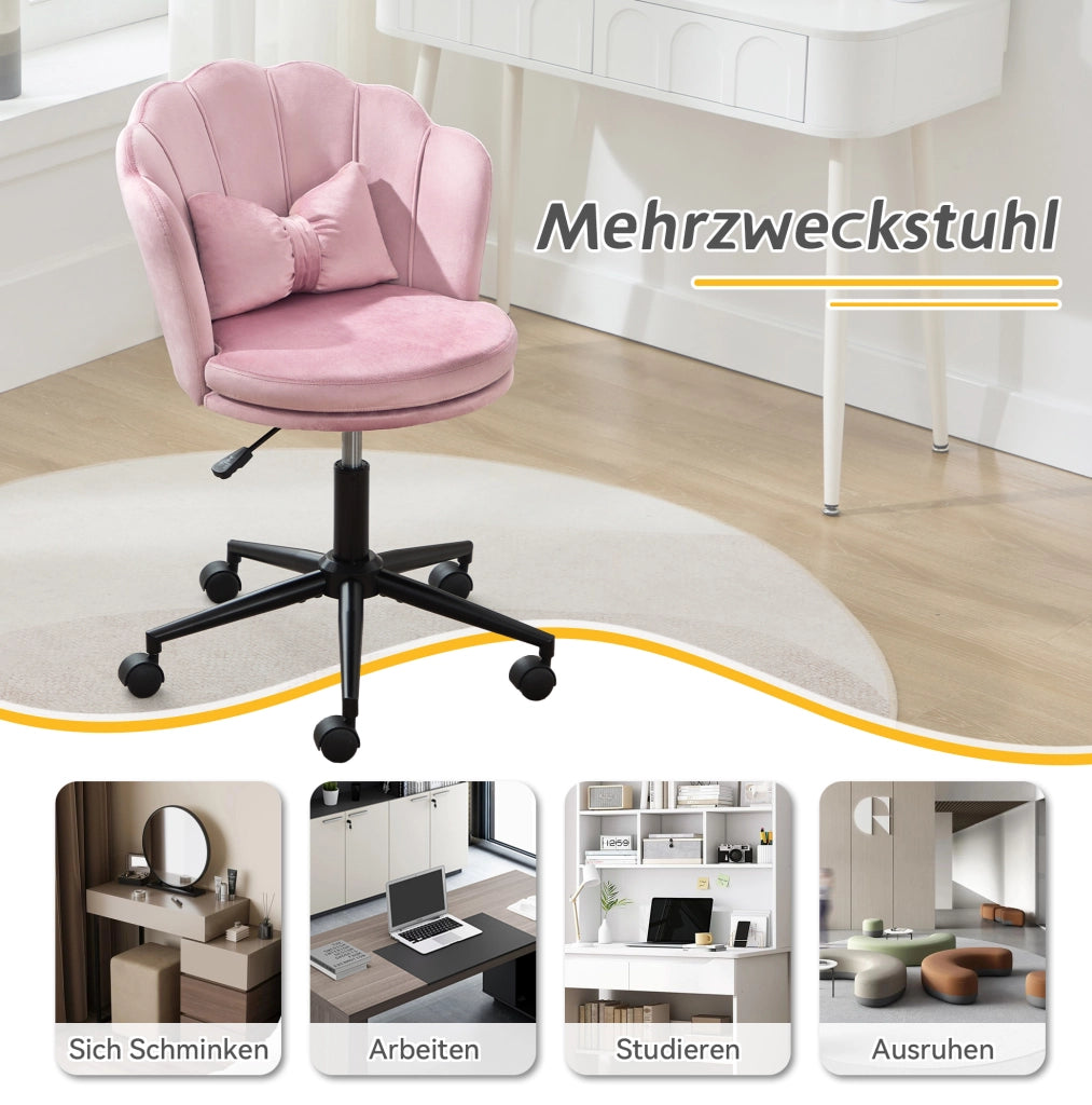 Sedia da scrivania girevole regolabile 55x62x73-83 cm in velluto rosa con cuscino lombare
