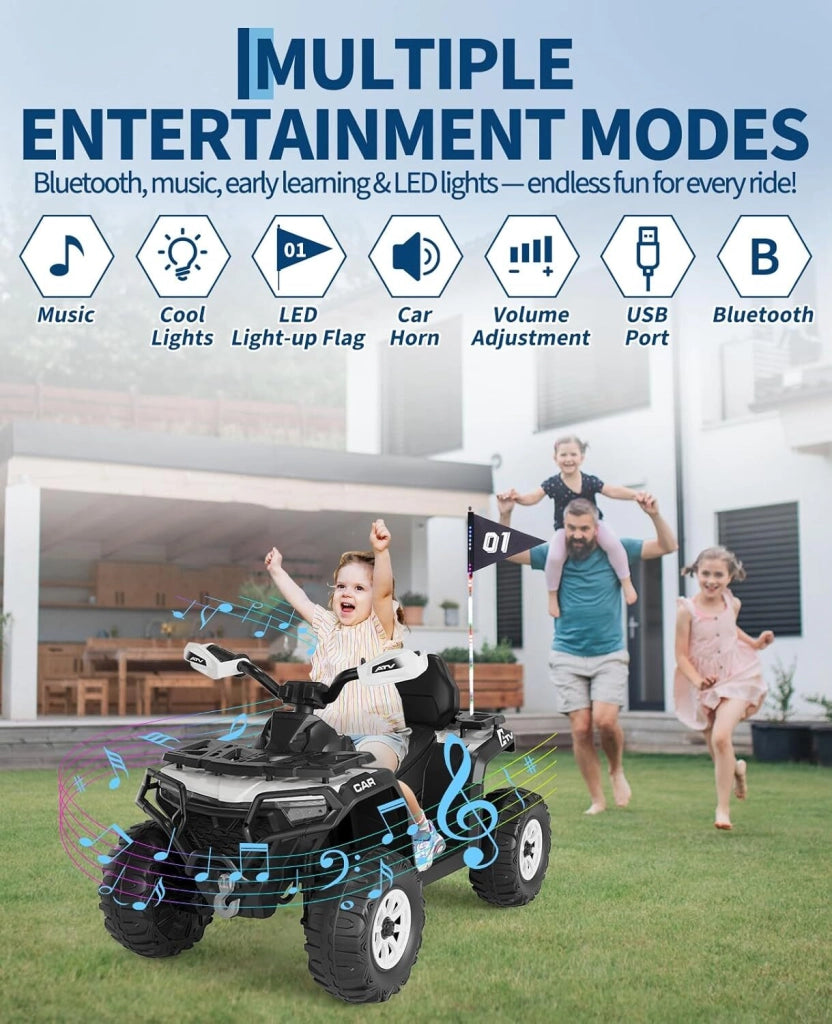 Quad Elettrico per Bambini 12V ATV con Musica; Clacson e Fari LED; 95x55x56 cm; per 3-8 Anni - Bianco