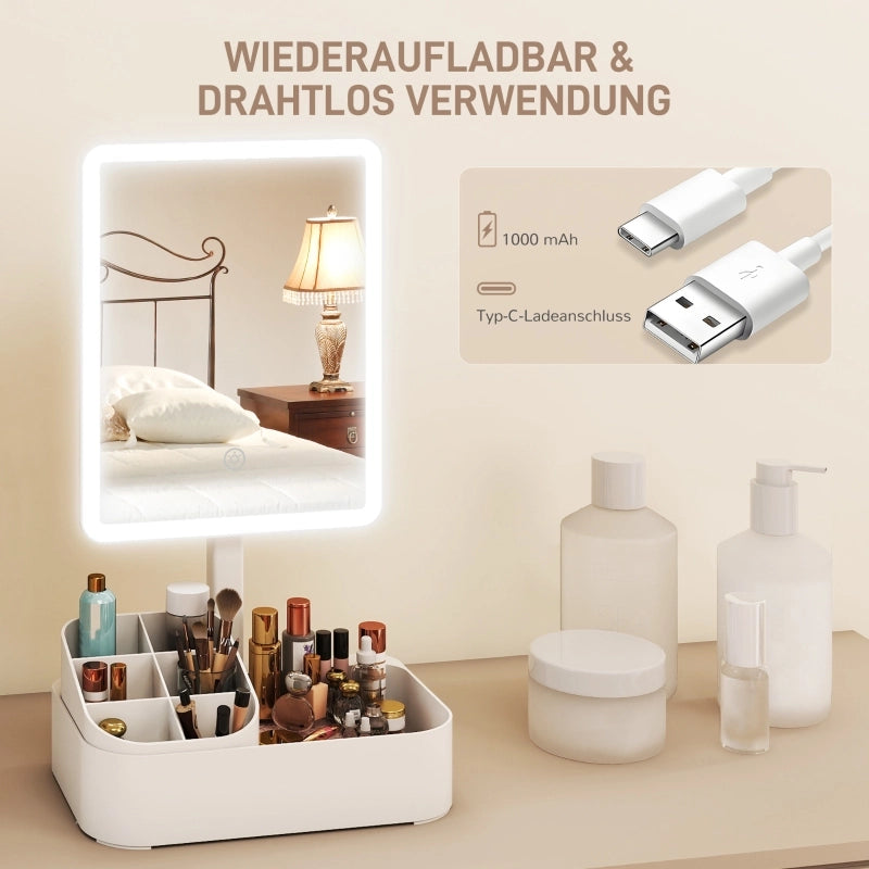 Specchio da trucco con luce LED ricaricabile bianco girevole a 180° con contenitore per cosmetici e cavo tipo C