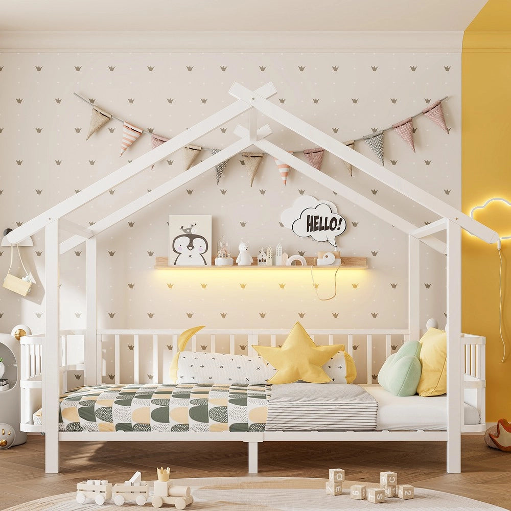 Letto per bambini a forma di casa ¨C Minimal ¨C metallo bianco 90x200cm con griglia di sicurezza