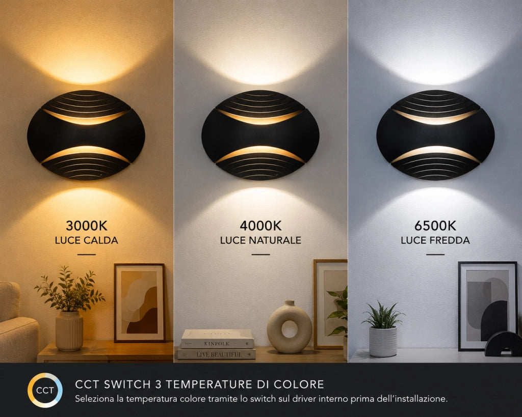 Applique LED 6W in alluminio nero, doppio fascio Up Down, 480 lm, CCT switch Luce calda fredda e naturale