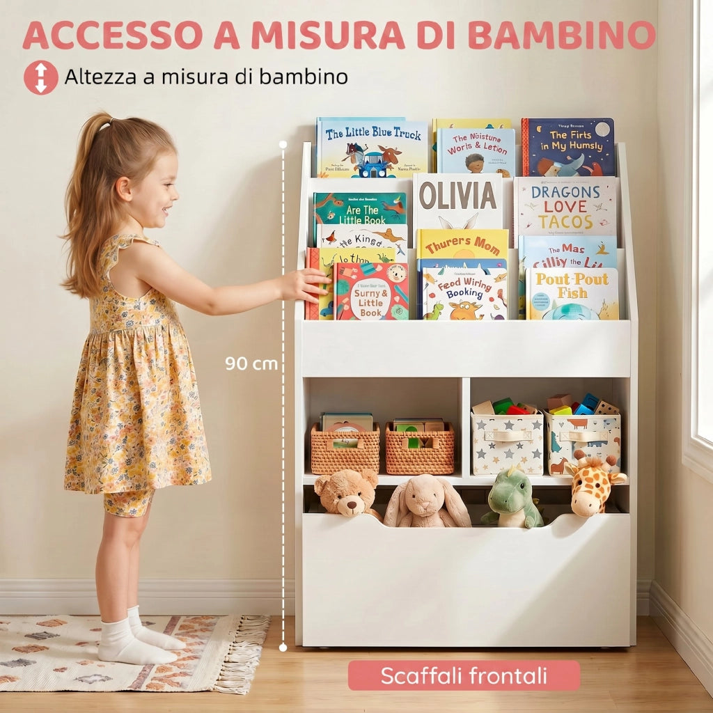 Libreria per Bambini con Ripiani e Cassetto in MDF Bianco, Scaffale Portagiochi Salvaspazio, 60x29.9x90cm