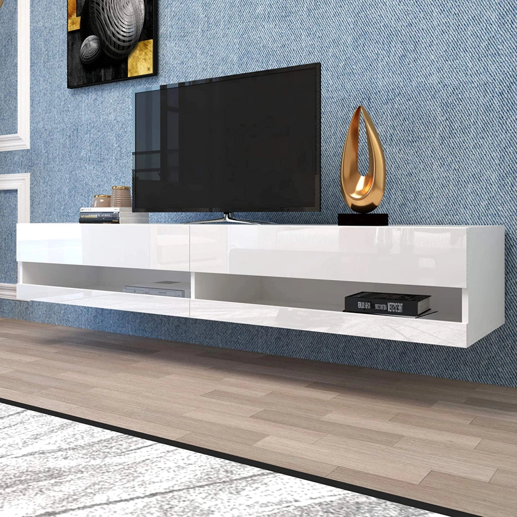 Mobile TV sospeso con illuminazione LED e frontali lucidi; 140 x 40 x 30;5 cm; bianco