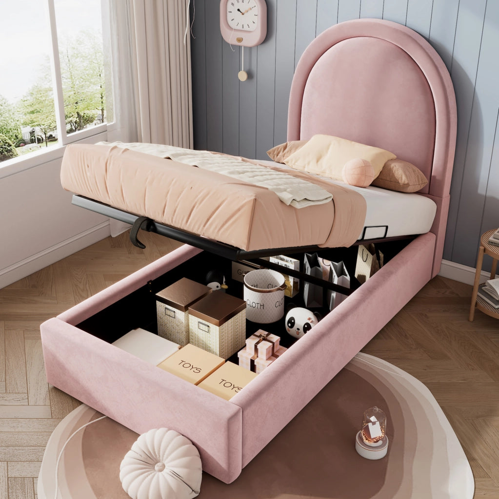 Letto imbottito 90x190 cm con vano contenitore e rivestimento in velluto rosa