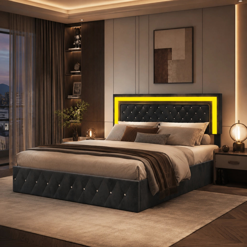 Letto matrimoniale 160x200cm velluto nero, LED RGB telecomandato, vano contenitivo idraulico