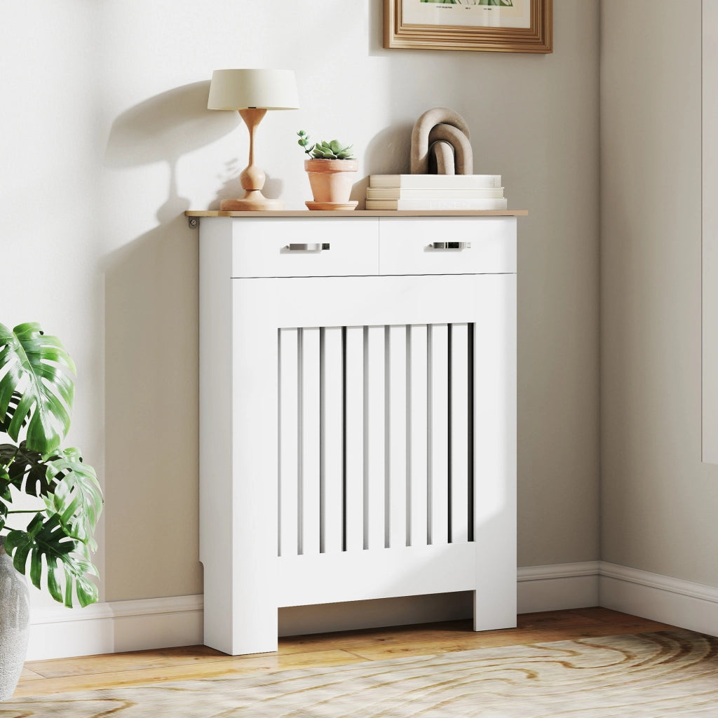 Copritermosifone a Doghe 78x19x97 cm Antiribaltamento con Cassetto in Legno Bianco