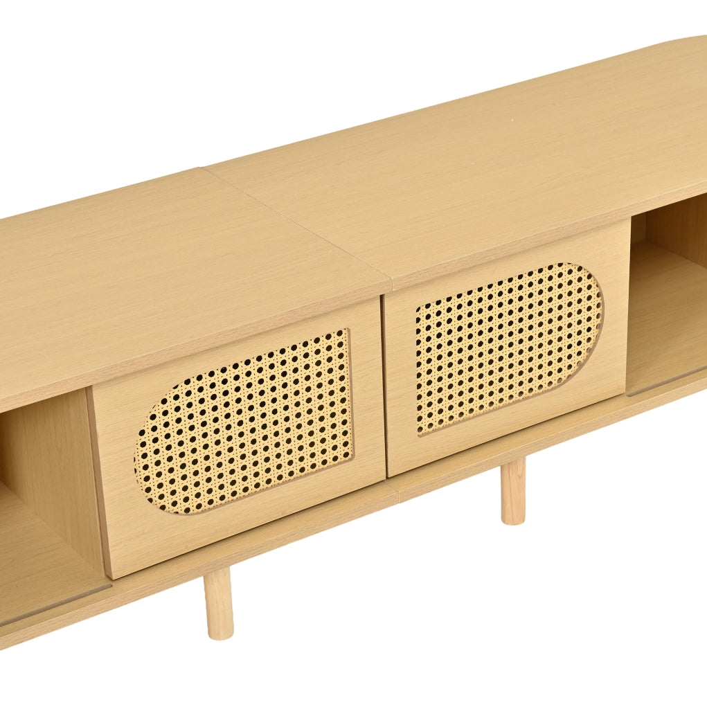 Mobile TV in MDF color legno chiaro 180 x 40 x 40 cm con ante in rattan; per TV fino a 75 pollici