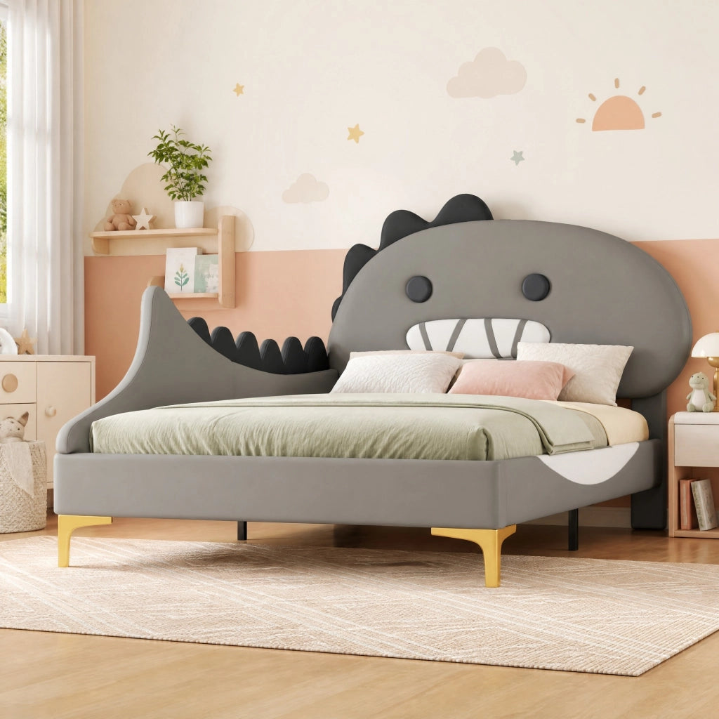 Letto singolo 90 × 200 cm con testiera a dinosauro in PU e MDF grigio