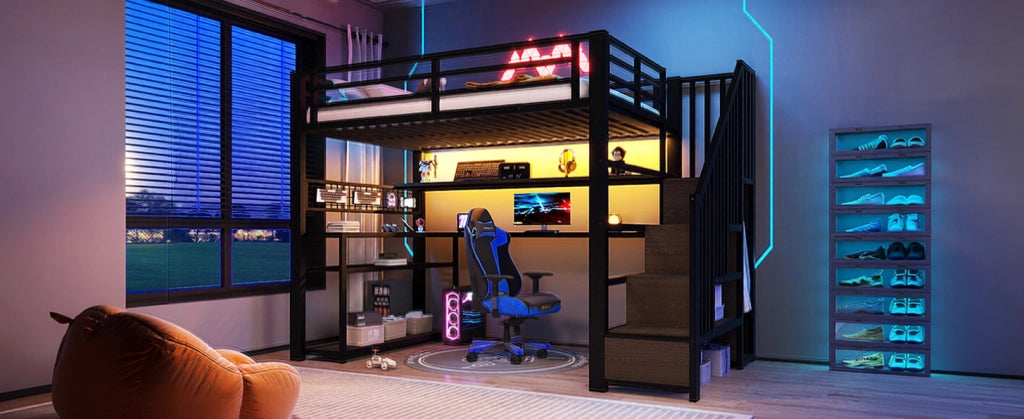 Letto a soppalco in metallo 90x200 cm con LED RGB, armadio, scrivania e spazio contenitivo, nero