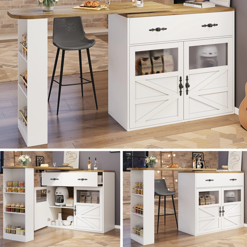 Tavolo Bar Estensibile con Ruota a 360°, MDF Bianco, 138-204×39×104 cm, Mobile Sideboard con Scaffali