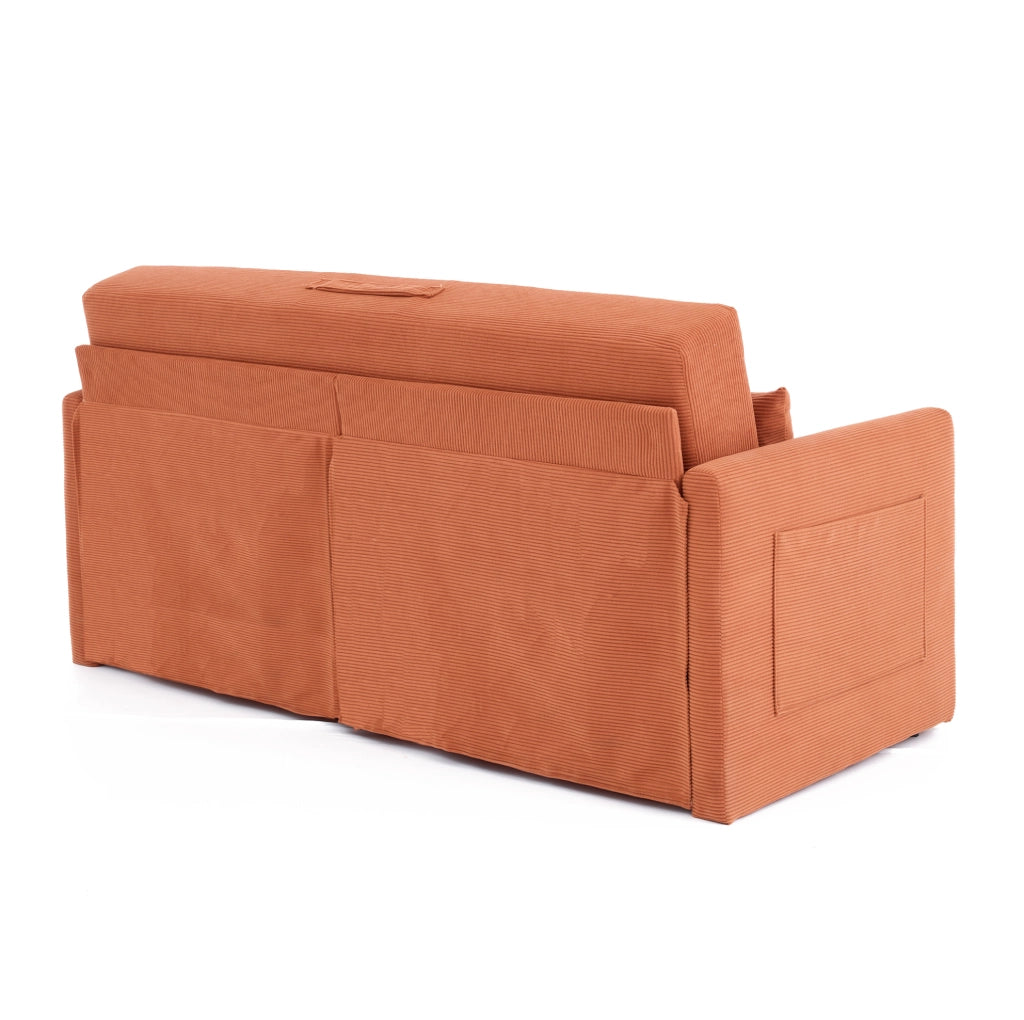Divano letto 2 posti in tessuto di cotone, arancione, con due cuscini lombari e tasche portaoggetti, dimensioni 165x92x82 cm