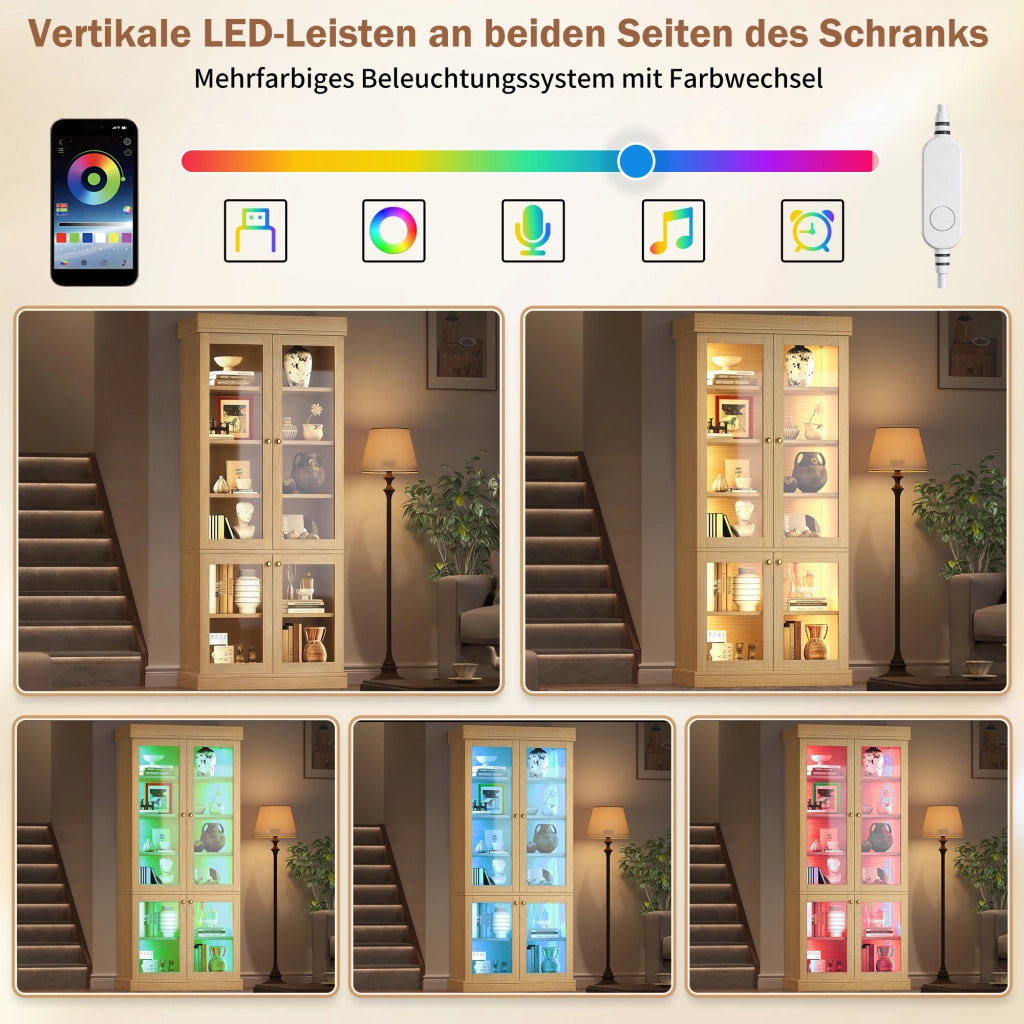 ARMADIO ALTO 160x40x180 cm MDF e vetro Naturale con LED Set da 2 pezzi
