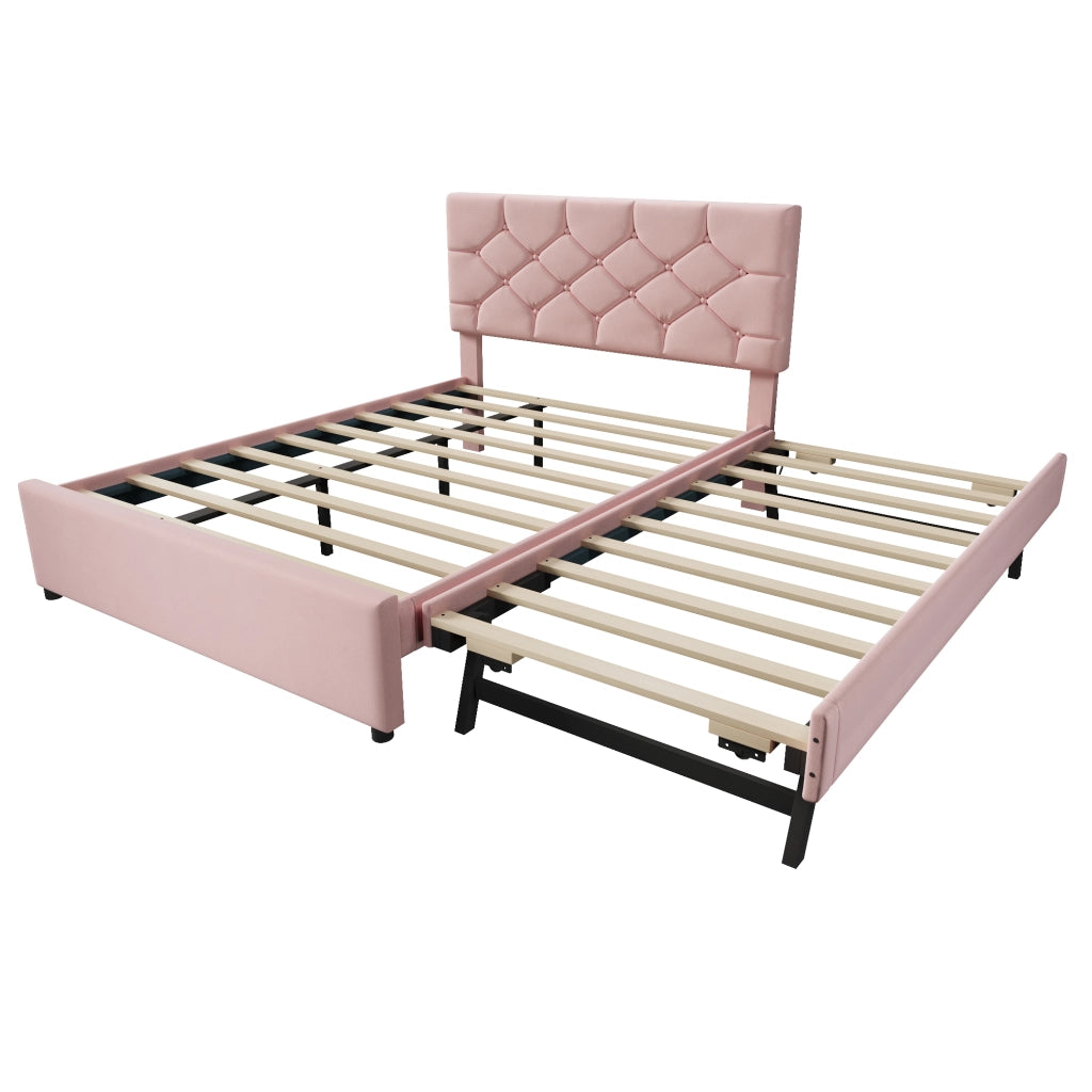 Letto imbottito 140x200 cm con rete a doghe e letto estraibile in velluto rosa