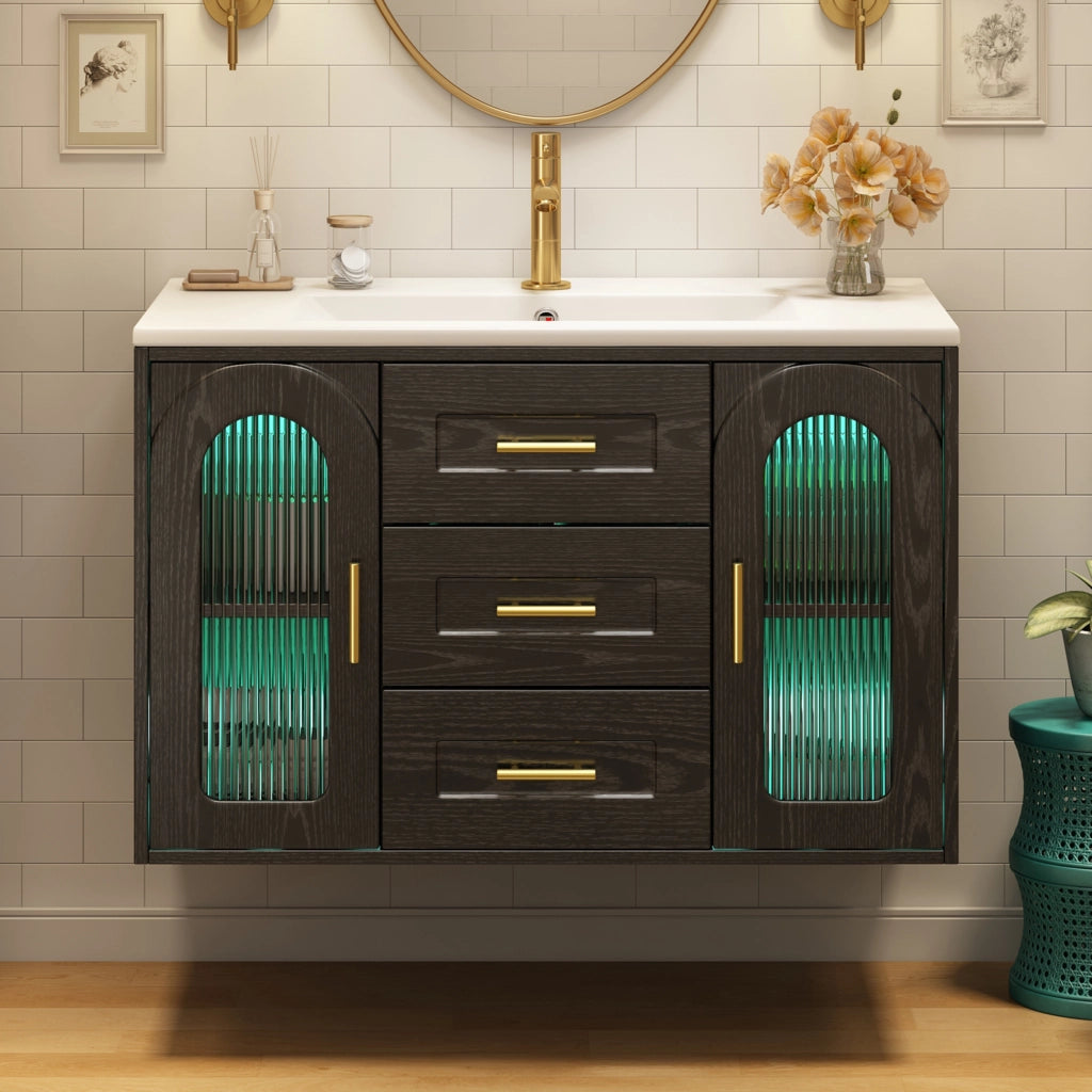 Mobile bagno sospeso 76 cm con lavabo in ceramica, LED e vetro rigato nero