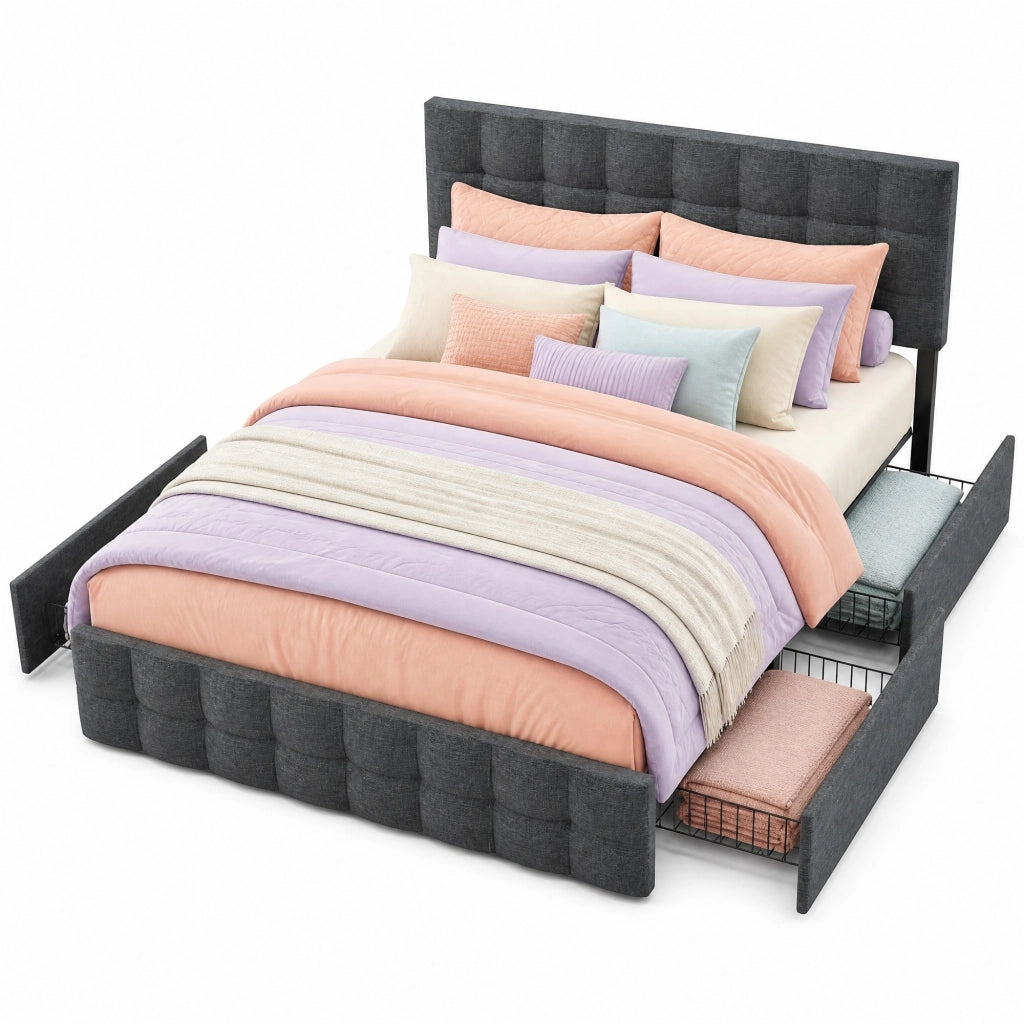 Letto matrimoniale imbottito 140 ¡Á 200 cm con 4 cassetti in lino grigio con materasso e testiera regolabile