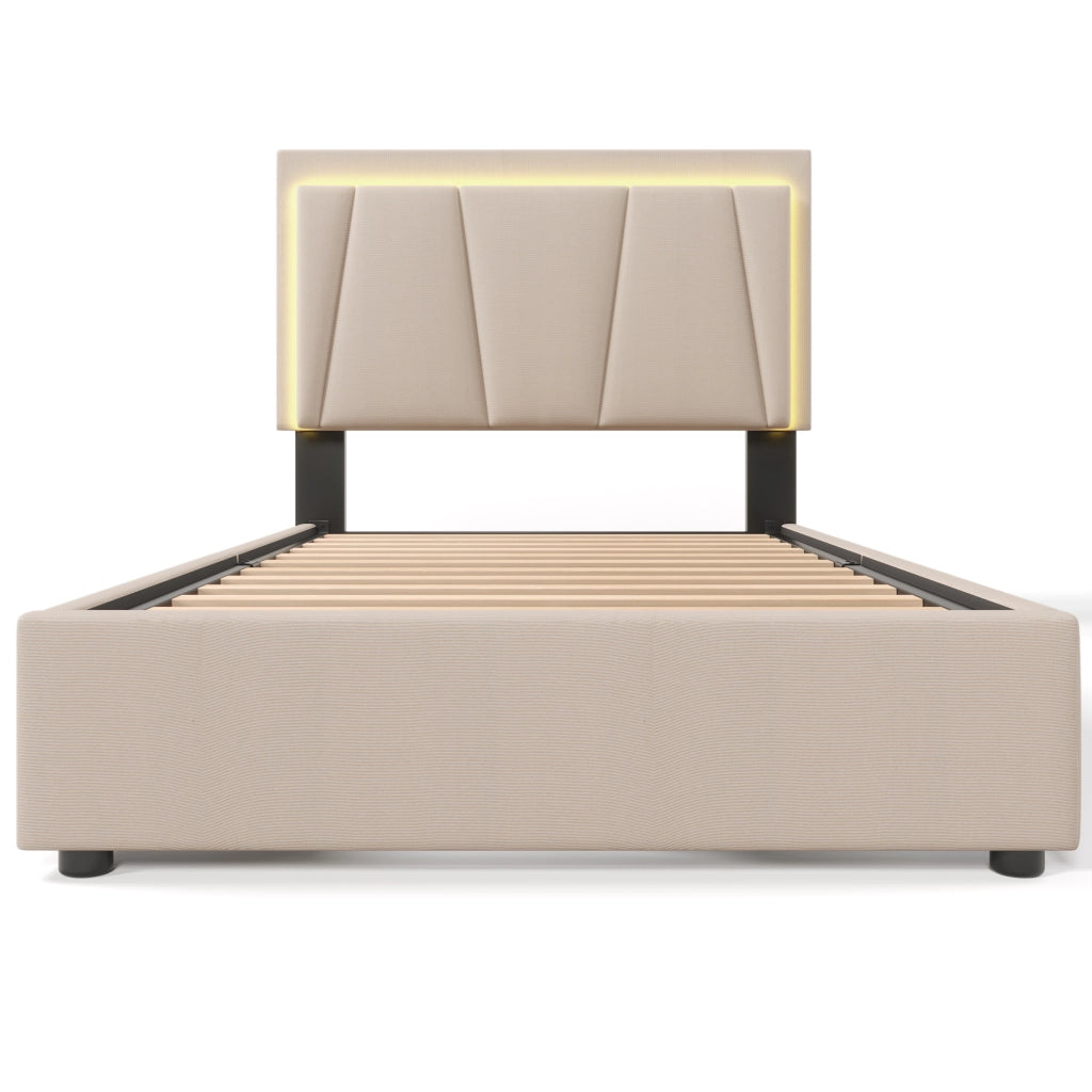 Letto singolo 90x200 con 2 cassetti; LED e testiera regolabile; tessuto beige