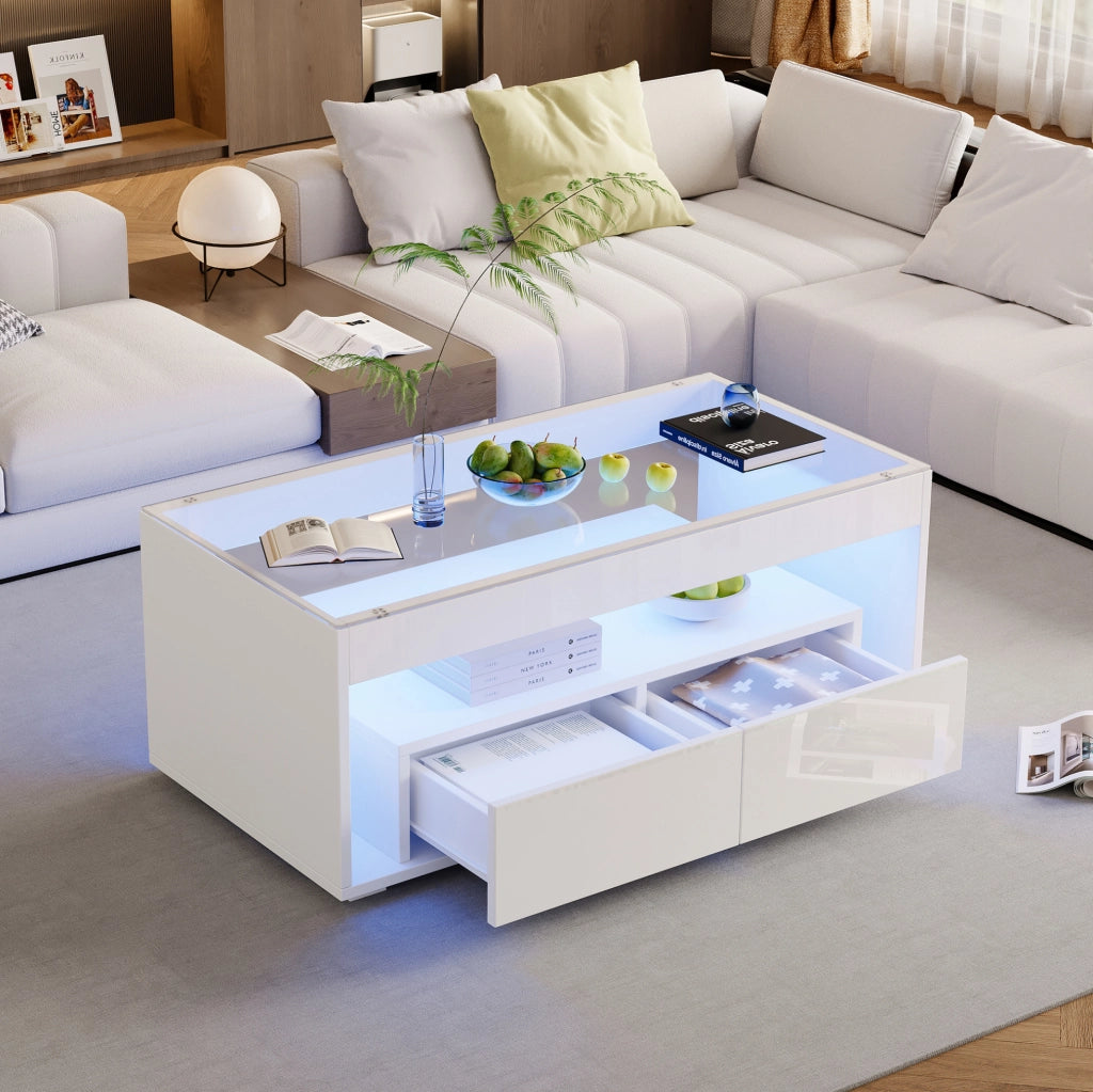 Tavolino da caffè moderno bianco con LED e ampio spazio contenitivo