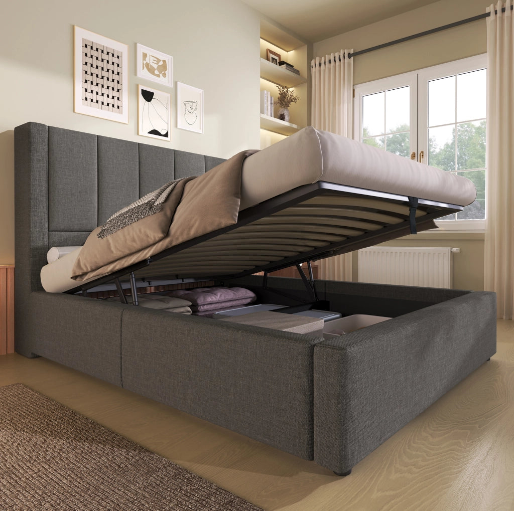 Letto singolo imbottito 90x200 cm con porta bicchiere nascosto, stazione di ricarica USB e contenitore sotto il letto, struttura in lino grigio senza materasso