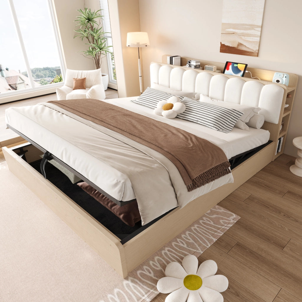 Letto contenitore 180 × 200 cm con sollevamento idraulico testiera imbottita USB luce notturna legno naturale