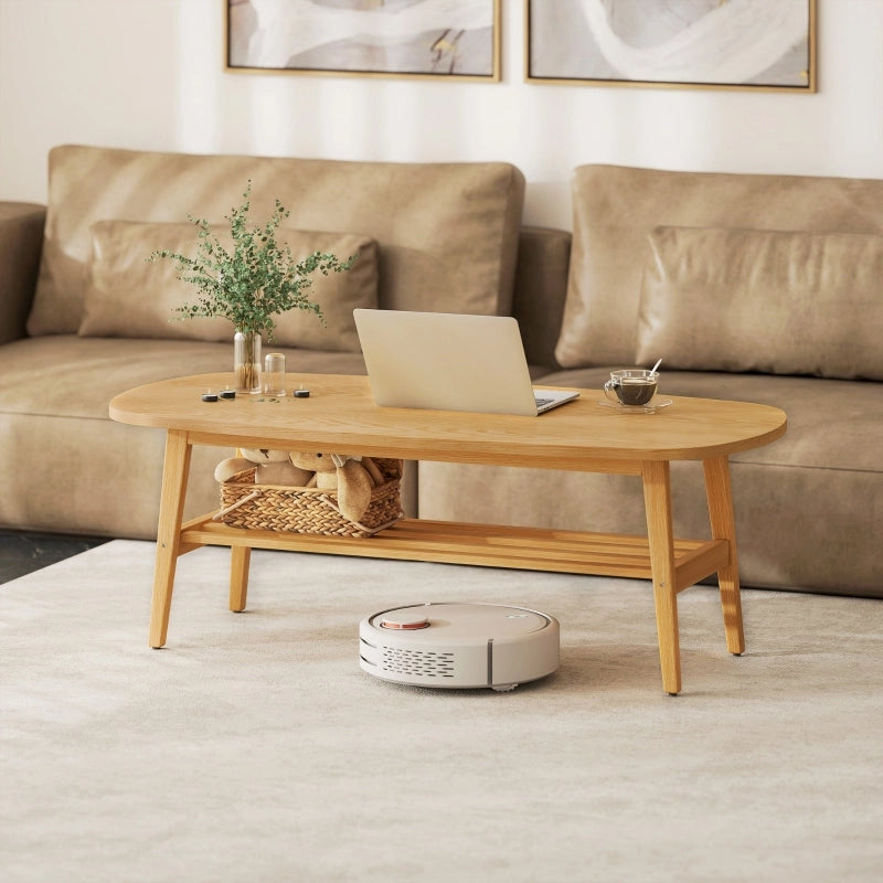 Tavolino basso fisso ovale per soggiorno con ripiano inferiore e finitura legno naturale 120 × 60 × 42 cm