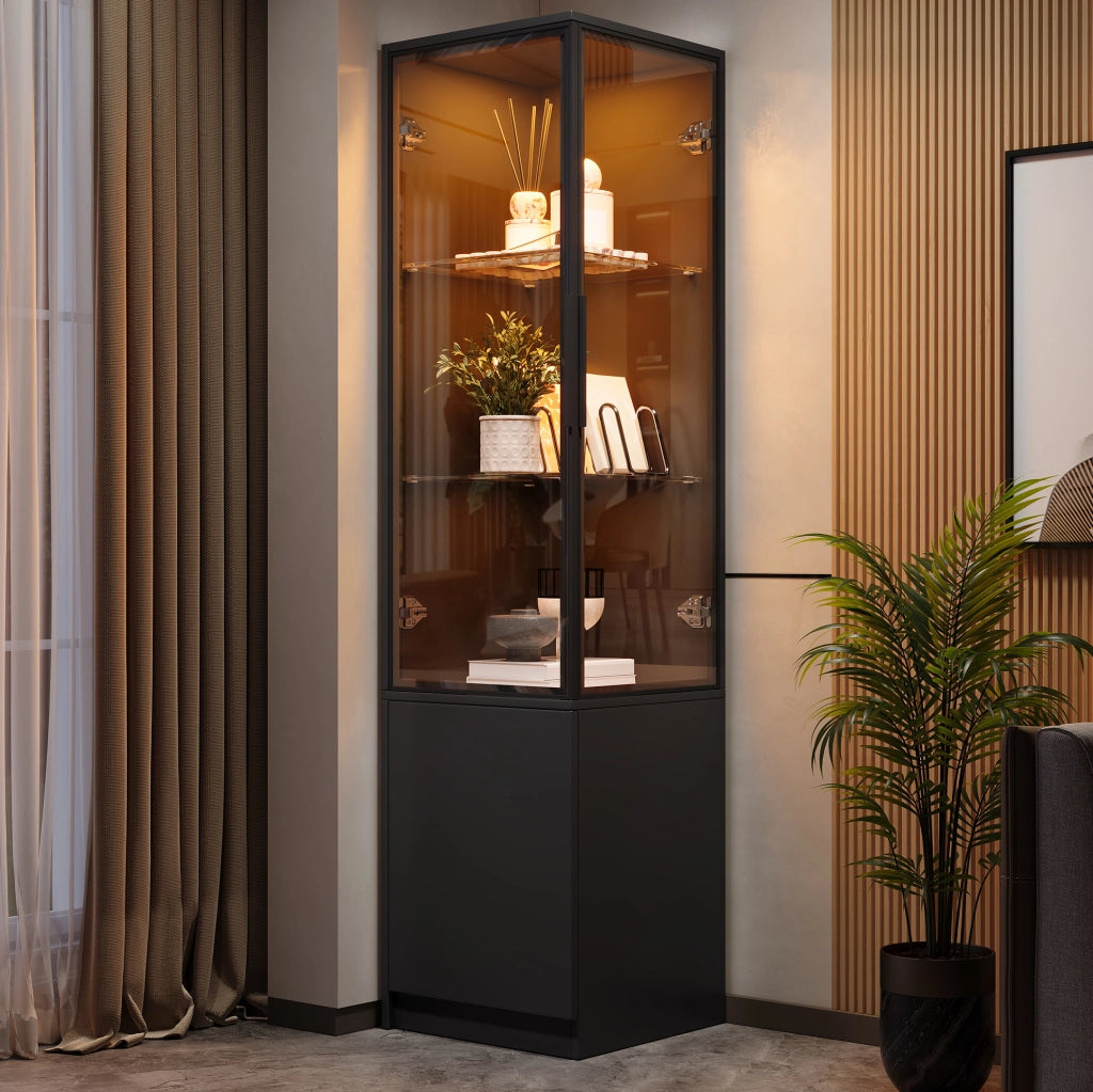 Vetrina ad angolo YEAVIO con ante in vetro temperato, LED integrati con controllo app, struttura in pannelli di particelle 40x40x160 cm, colore nero