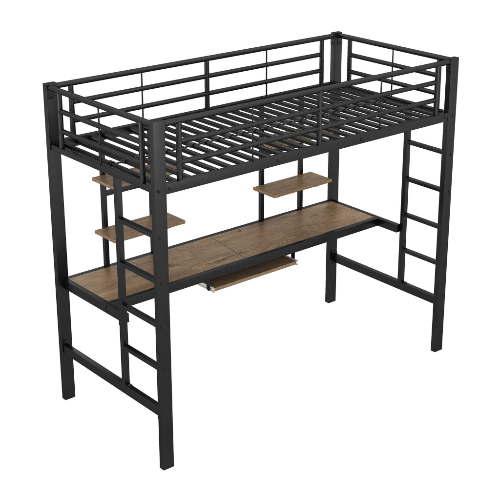 Letto a soppalco 90x200 cm con scrivania e 2 ripiani in metallo e MDF nero