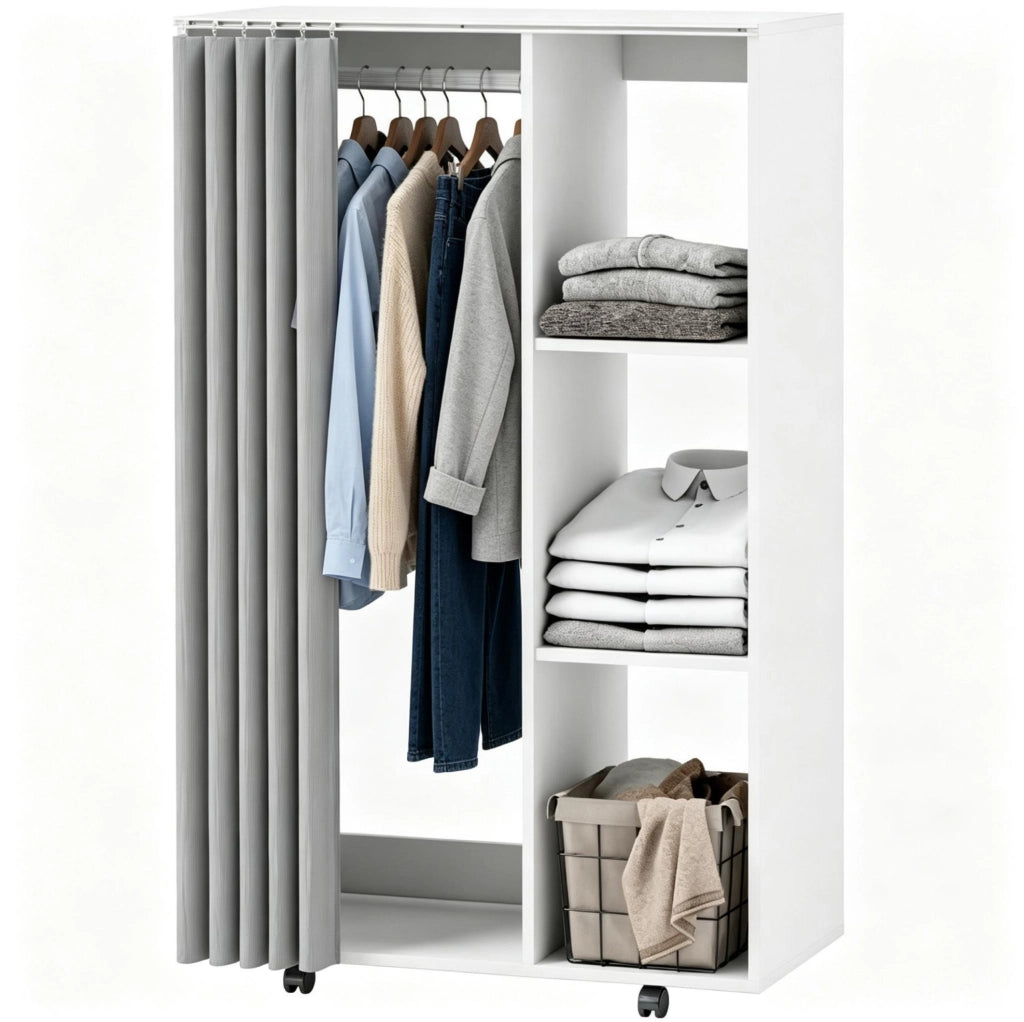 Guardaroba mobile bianco con appendiabiti, 4 ruote, 3 ripiani aperti e tenda protettiva, 80x40x128 cm