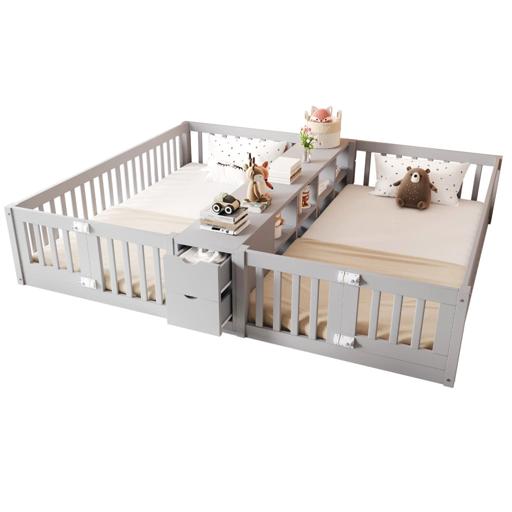 Letto per bambini 2 posti 90 × 200 cm con cassetti, ripiani centrali e sponde alte, senza materasso, grigio