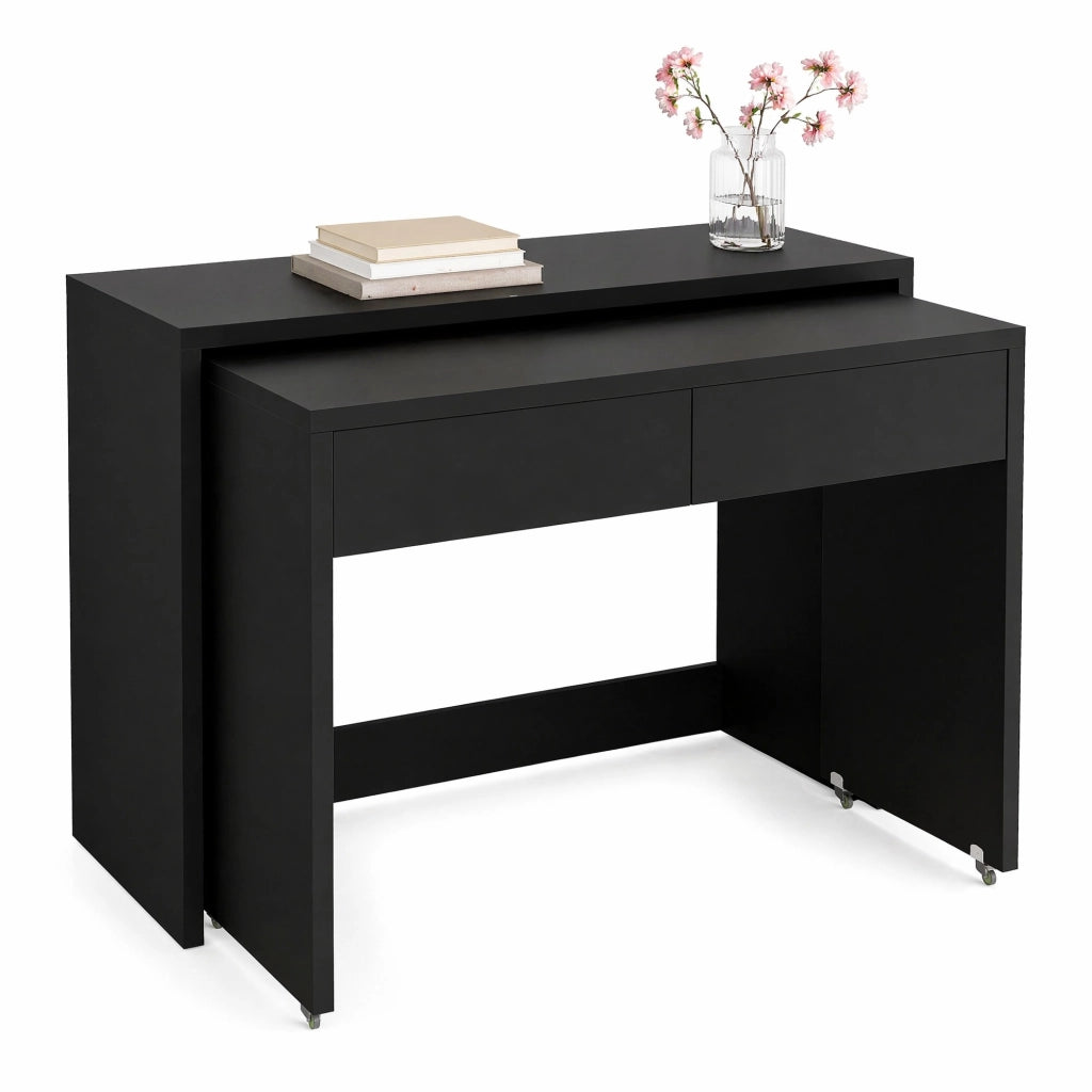 Scrivania dritta 2 in 1 estraibile con 2 cassetti e tavolino con ruote in pannello truciolare nero 110 × 40 × 78 cm