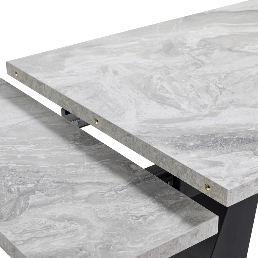 Tavolo da pranzo allungabile 99-159×74×77 cm con piano in MDF effetto marmo e gambe in carbonio, design flessibile per cucina, ufficio, soggiorno grigio
