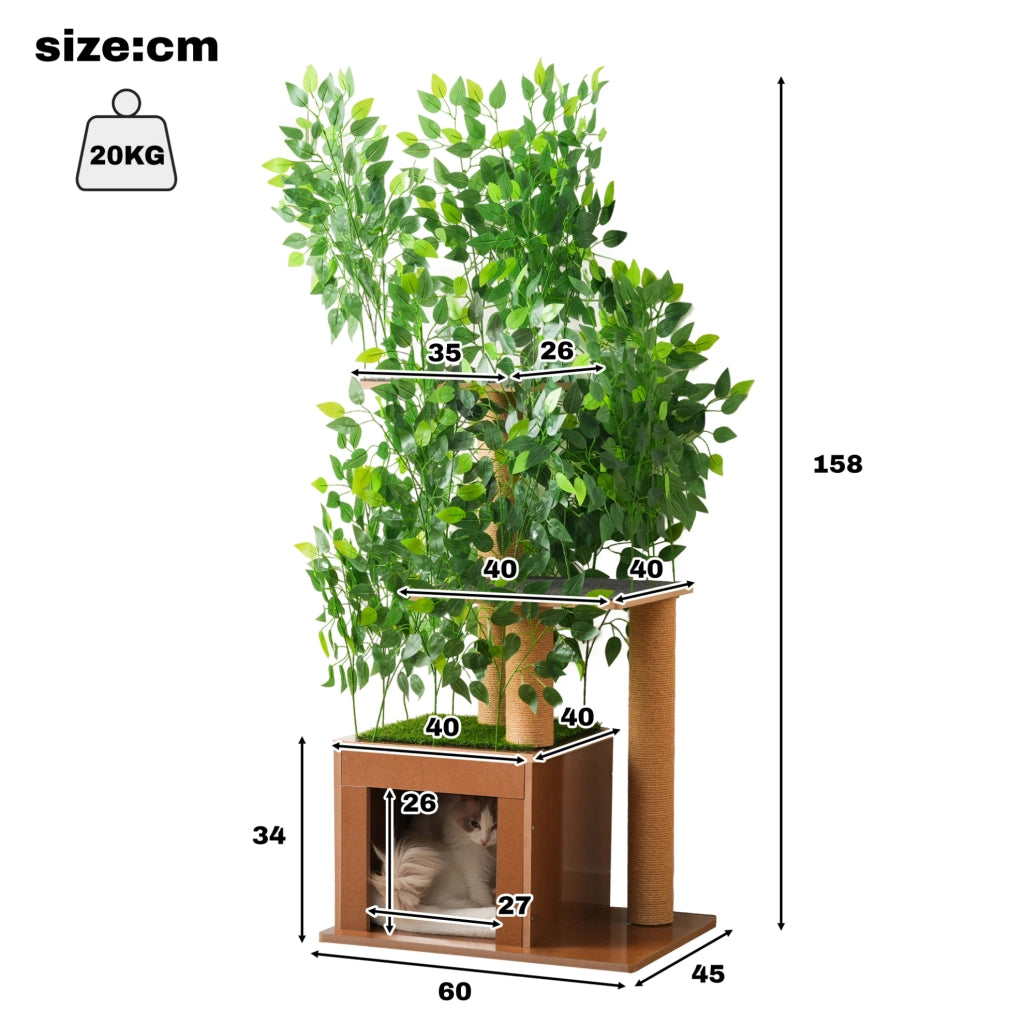 Tiragraffi per gatti ad albero con 3 piattaforme; cuccia e foglie rimovibili; 60×45×158 cm; MDF verde