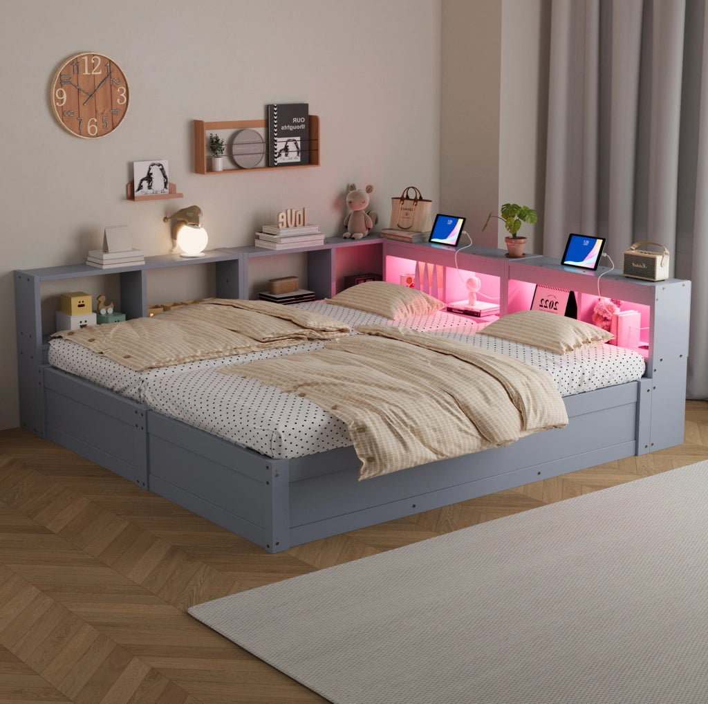 Letto Multifunzionale in Legno Massello 90/180 × 200 cm con Luci LED, Meccanismo Idraulico e Doppia Presa Euro, Grigio