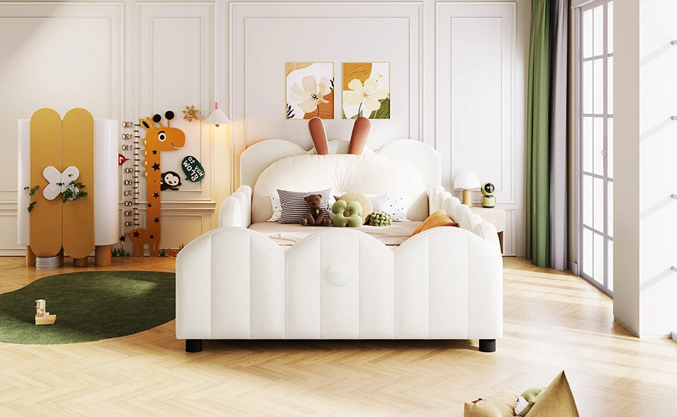 Letto piattaforma imbottito beige 90x200 cm con cuscino a forma di coniglio