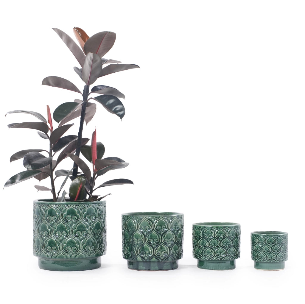 Vaso in Ceramica Artigianale Ø38 cm Verde Smeraldo Lucido con Decorazione a Rilievo a Cuore, Drenaggio e Resistente al Gelo per Piante da Interno e Giardino
