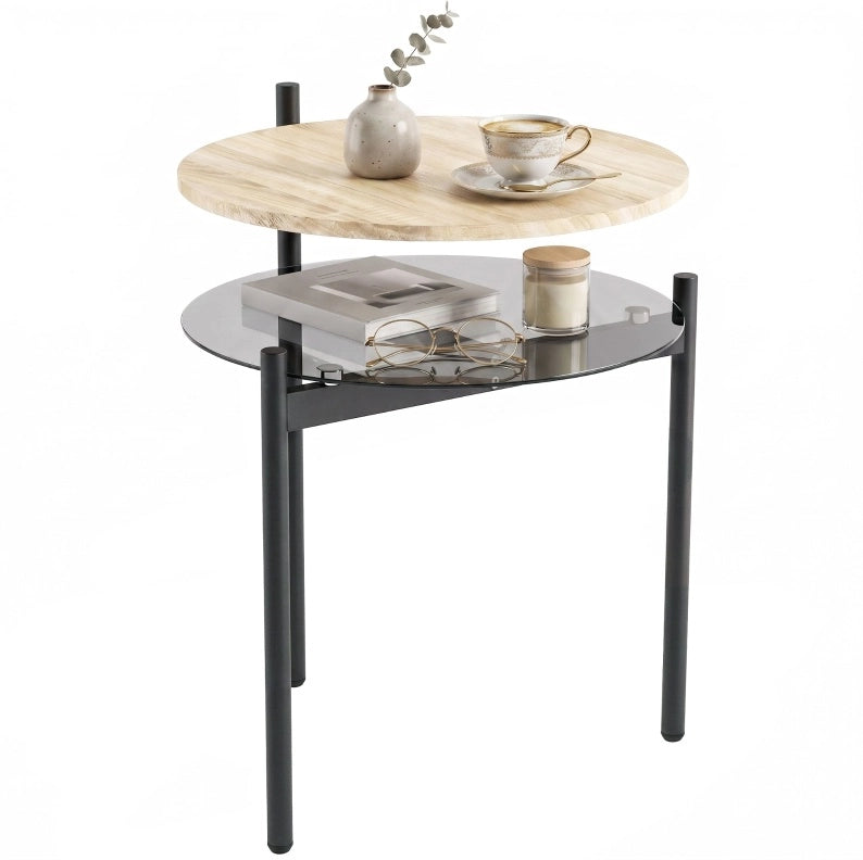 Tavolino laterale compatto 41;8x39;8x53;5 cm con ripiano in vetro color rovere HOMVRA