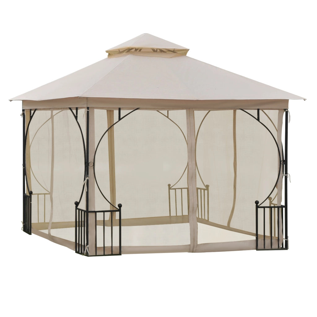 Gazebo da giardino con doppio tetto idrorepellente e zanzariere beige 295 × 295 × 275 cm per feste all'aperto